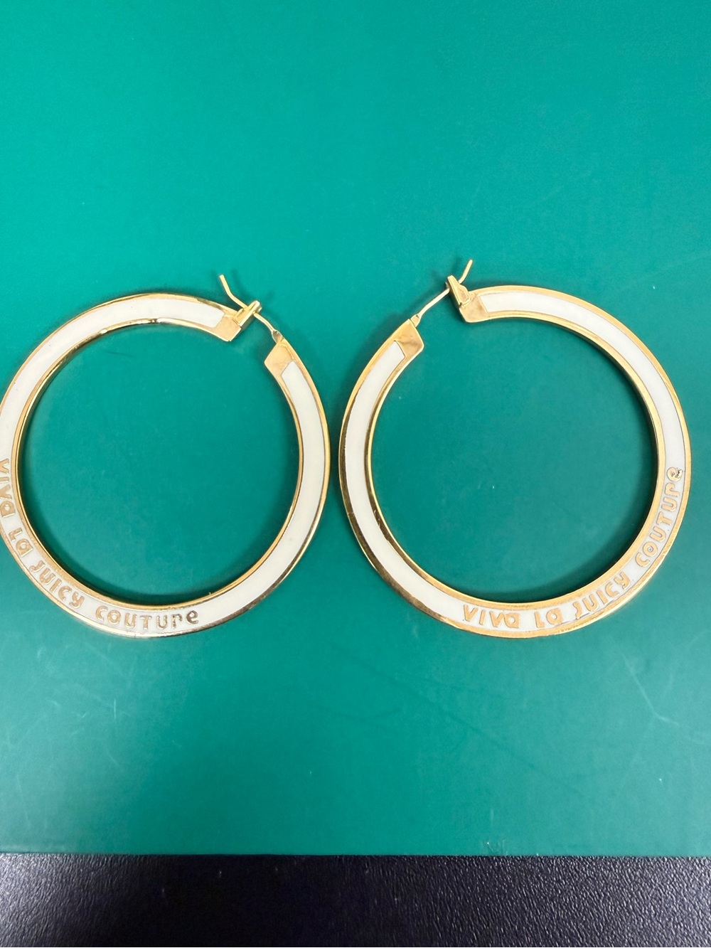 Juicy Couture Gold and White Hoop Earrings with Logo